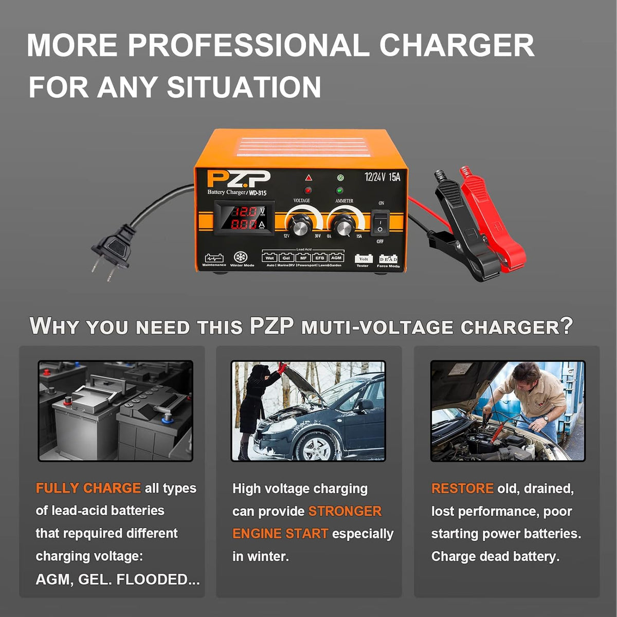 Manual Battery Charger 12V/24V Automotive Car Truck Boat Battery Chargers Maintainer Trickle Charger M939