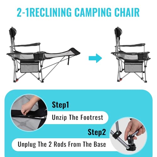 2-in-1 Reclining Camping Chair with Footrest Folding Lounge Chair with Adjustable Backrest X268