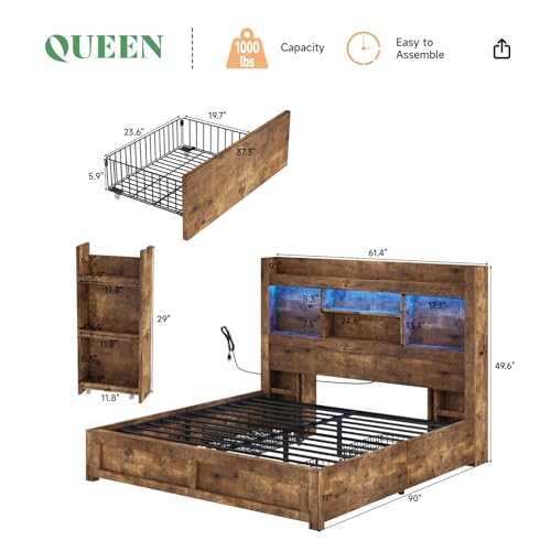 Full Size Wood Bed Frame with 4 Storage Drawers and Bookcase Headboard J187