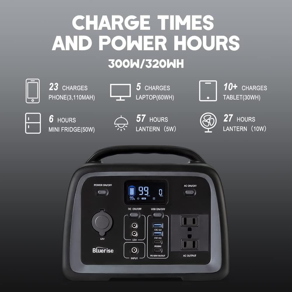 Portable Power Station 320Wh LiFePO4 with 2 AC Outlet 110V/300W Pure Sine Wave Solar Generator C7354