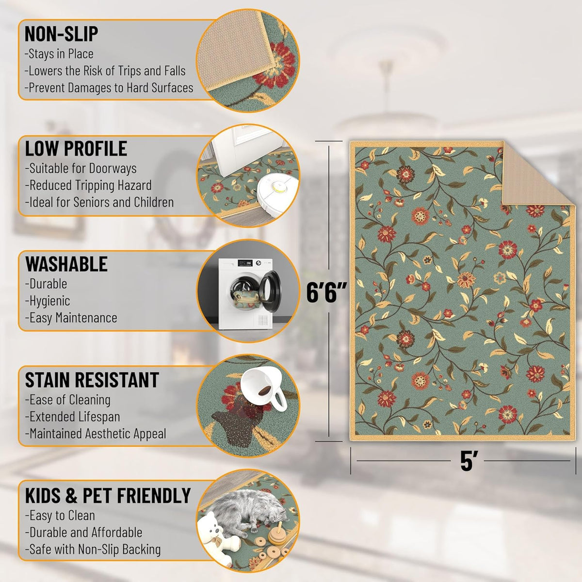 5x7 Seafoam Green Non-Slip Rubberback Traditional Area Rug G657145