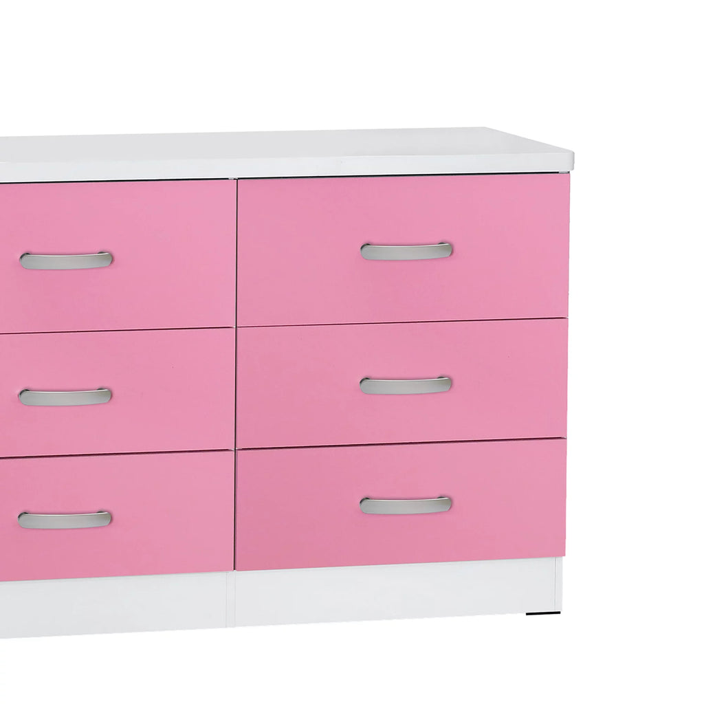 White & Pink 6 Drawer Wooden Double Dresser K2498