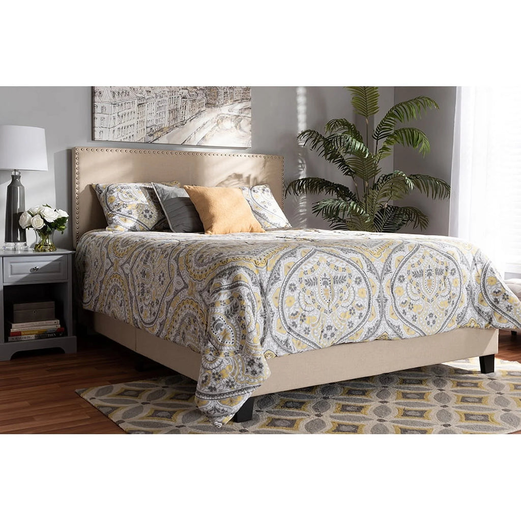 Beige Linen Fabric Upholstered Full Size Panel Bed Q306188