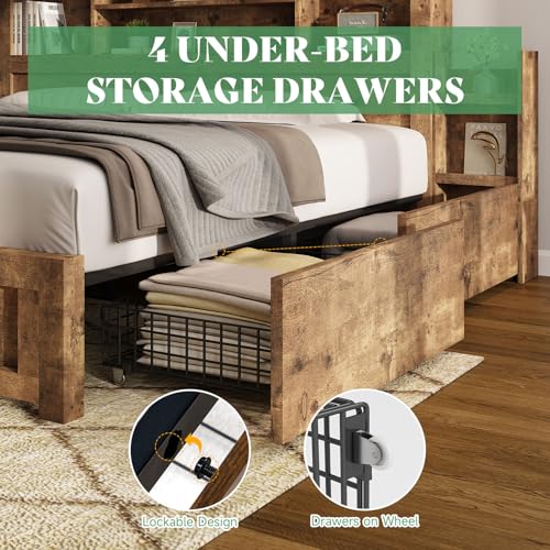 Full Size Wood Bed Frame with 4 Storage Drawers and Bookcase Headboard J187