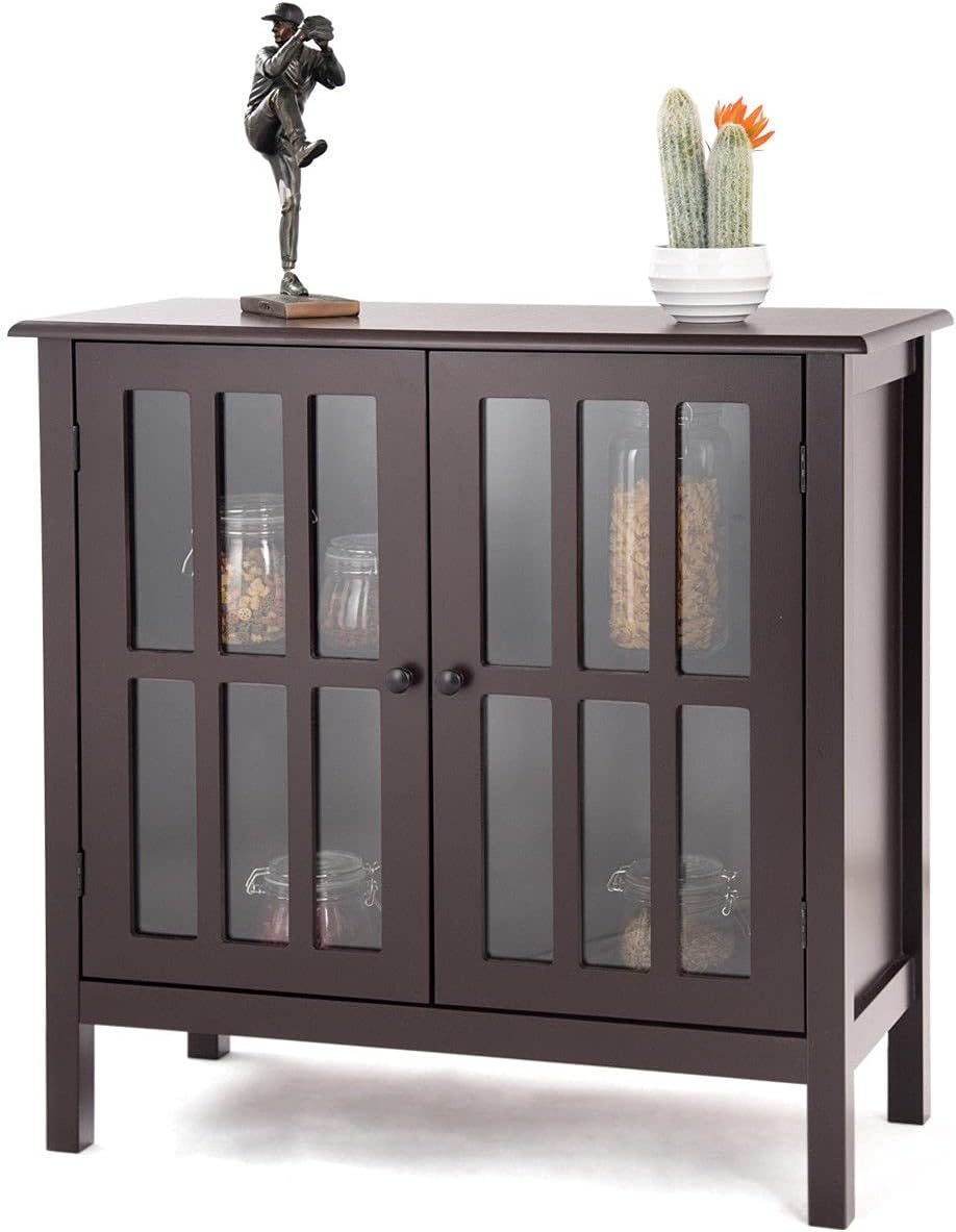 Dark Brown Storage Cabinet Organizer Buffet Server Sideboard Console Bedside Table 2 Tempered Glass Door 2 Storage Shelves W35519
