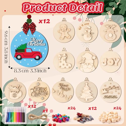 12 Styles Unfinished Wooden Christmas Ornaments Kit with Paint Pens G565989