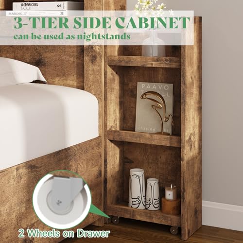 Full Size Wood Bed Frame with 4 Storage Drawers and Bookcase Headboard J187
