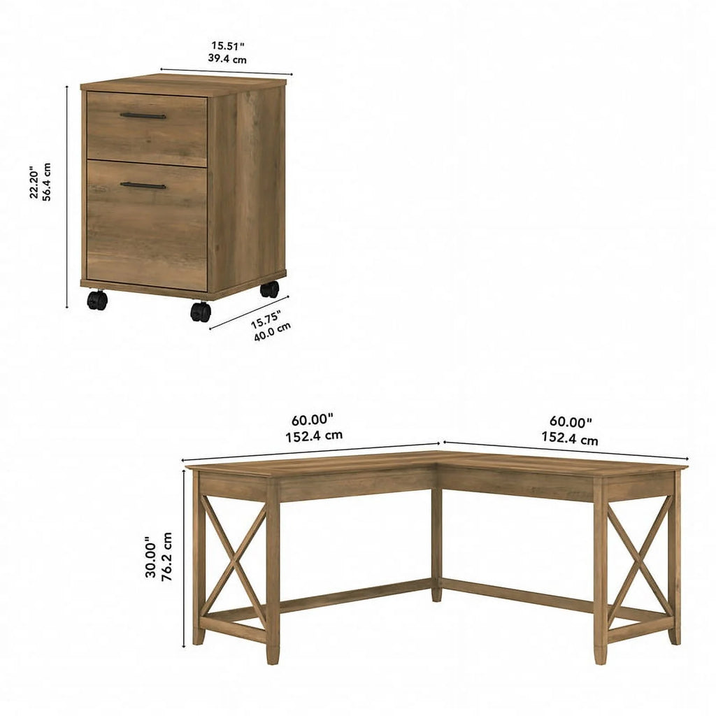 Reclaimed Pine Engineered Wood L Desk with Mobile File Cabinet F245