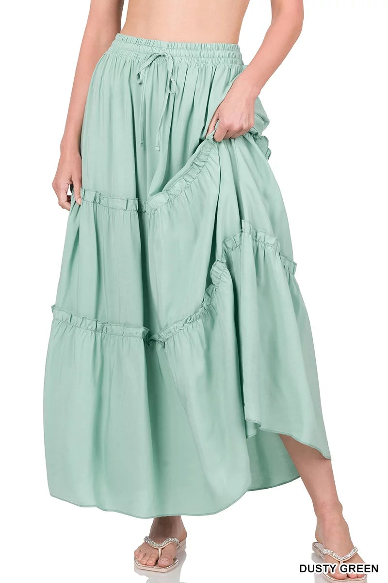 Boho Elastic Drawstring Waist Tiered Ruffle A-Line Woven Maxi Skirt I60706