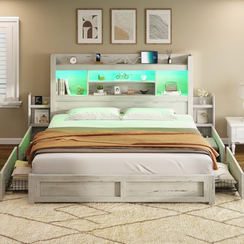 Full Size Wood Bed Frame with 4 Storage Drawers and Bookcase Headboard J187