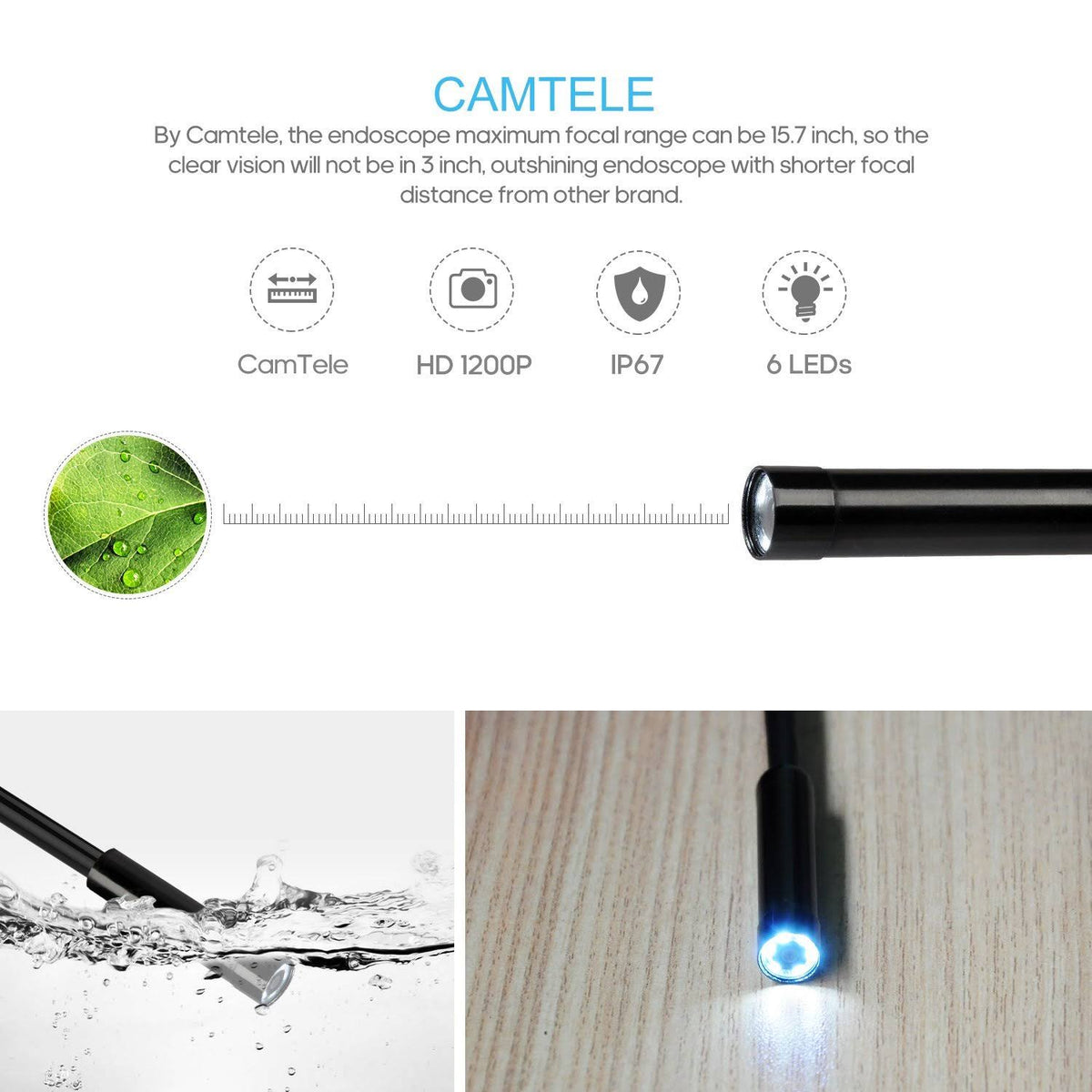 Semi-Rigid Wireless Endoscope, 2.0 MP HD WiFi Borescope Inspection Camera, 16 inch Focal Distance, 1800mAh Battery E4820