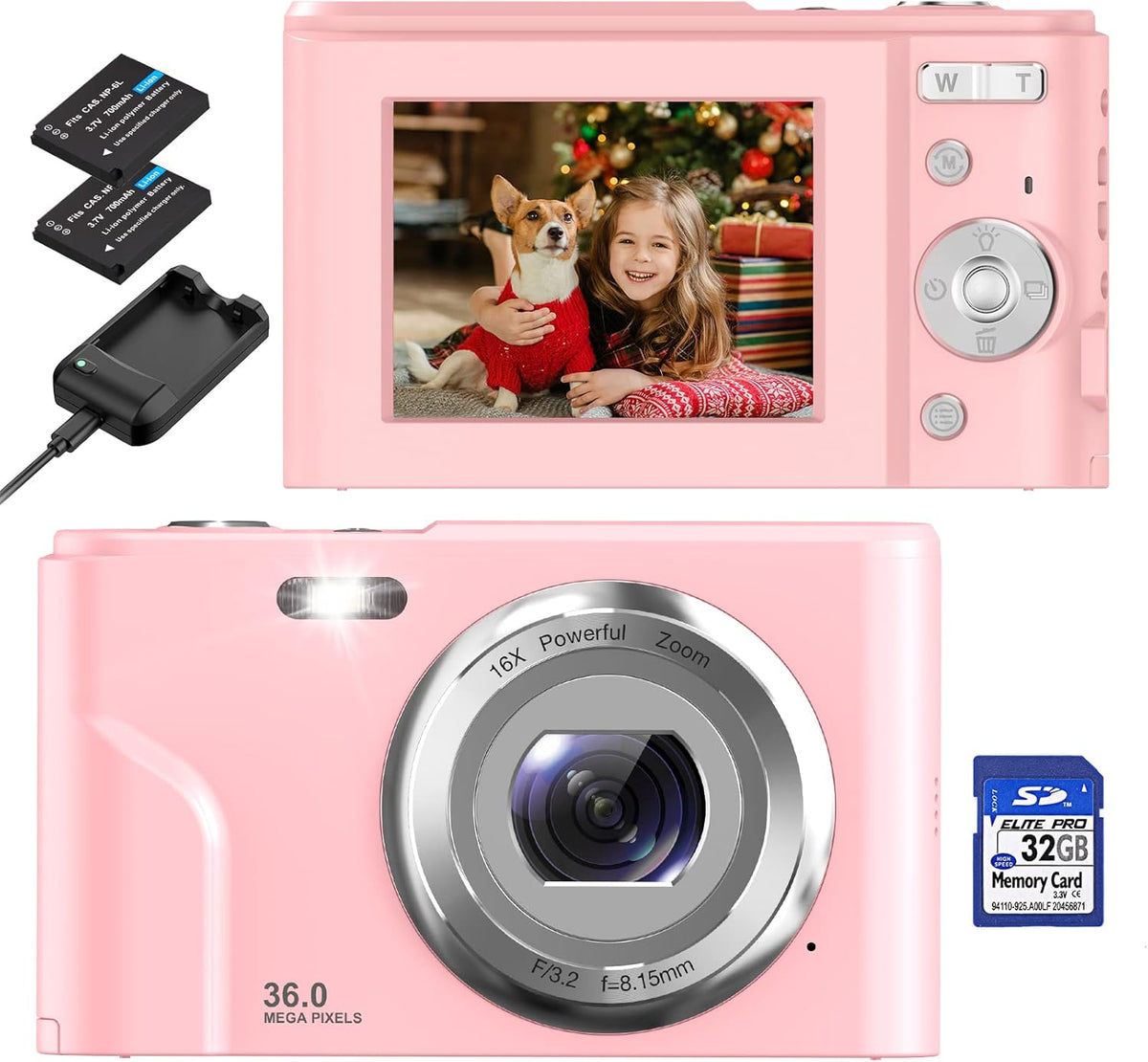 Mini Kids Camera FHD 1080P 36.0 MP 16X Digital Zoom LCD Screen with 32GB SD Card 2 Batteries & Charger Compact Portable Camera Pack of 2 J4392