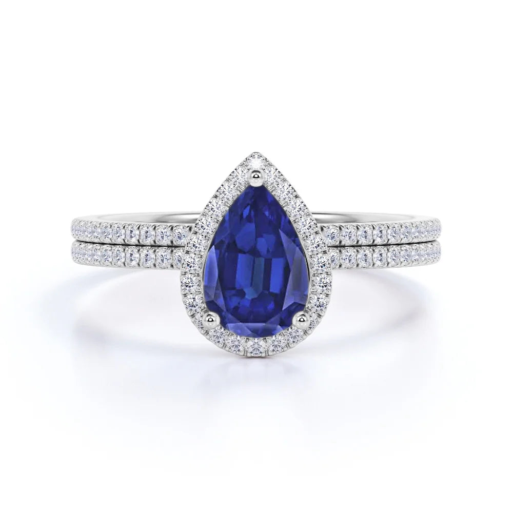 1.5 Carat Pear Shaped Blue Sapphire Bridal Set in 18k White Gold over Silver E904466