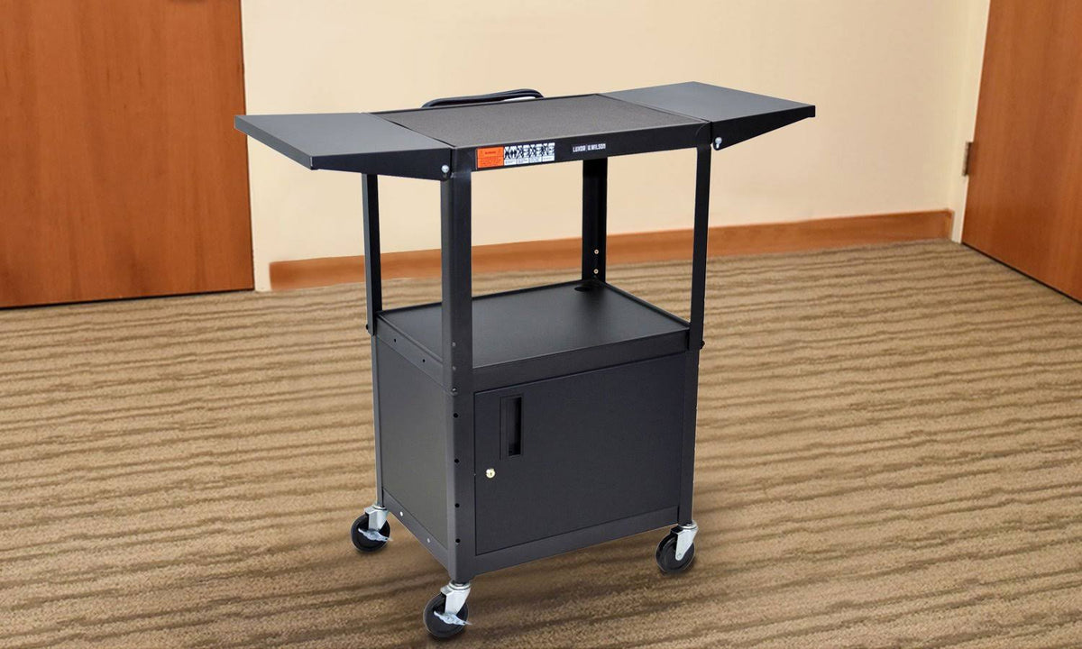 Adjustable Height Steel AV Cart with Cabinet and Drop Leaf O823118