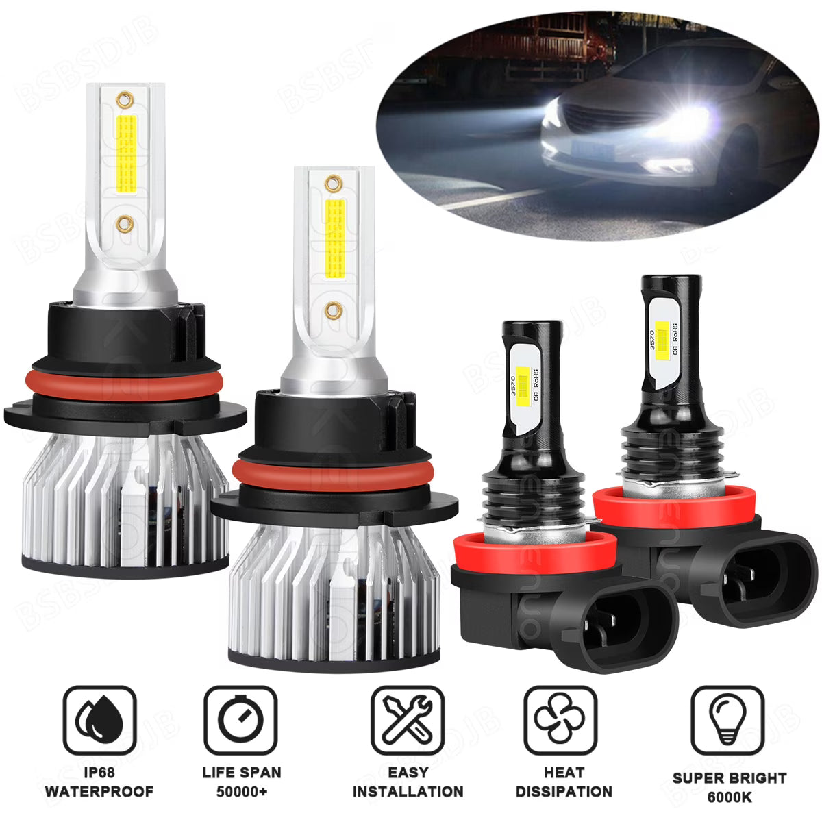 4x LED Headlight Hi/Lo Beam + Fog Light Bulbs U23366