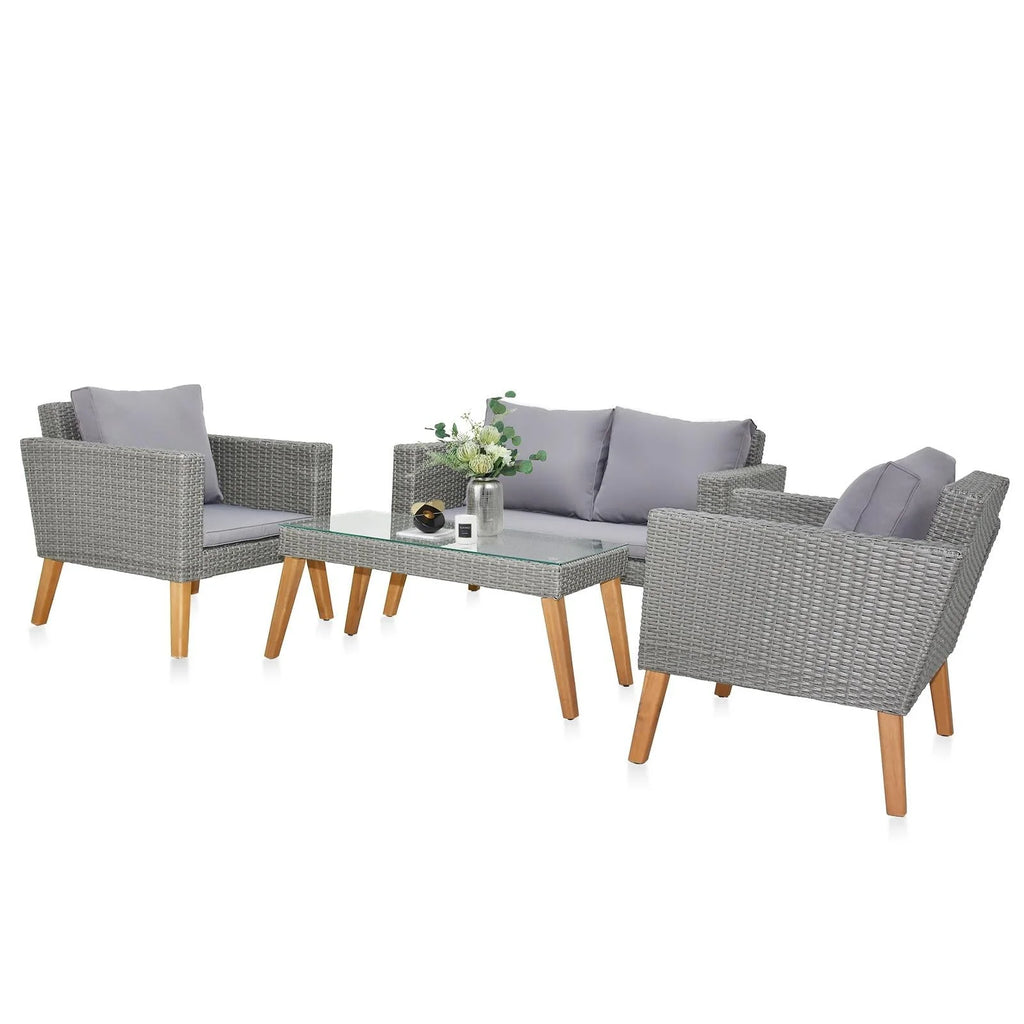 4 Pcs Wood Grain Patio Conversation Set with Loveseat and Tea Table J1332