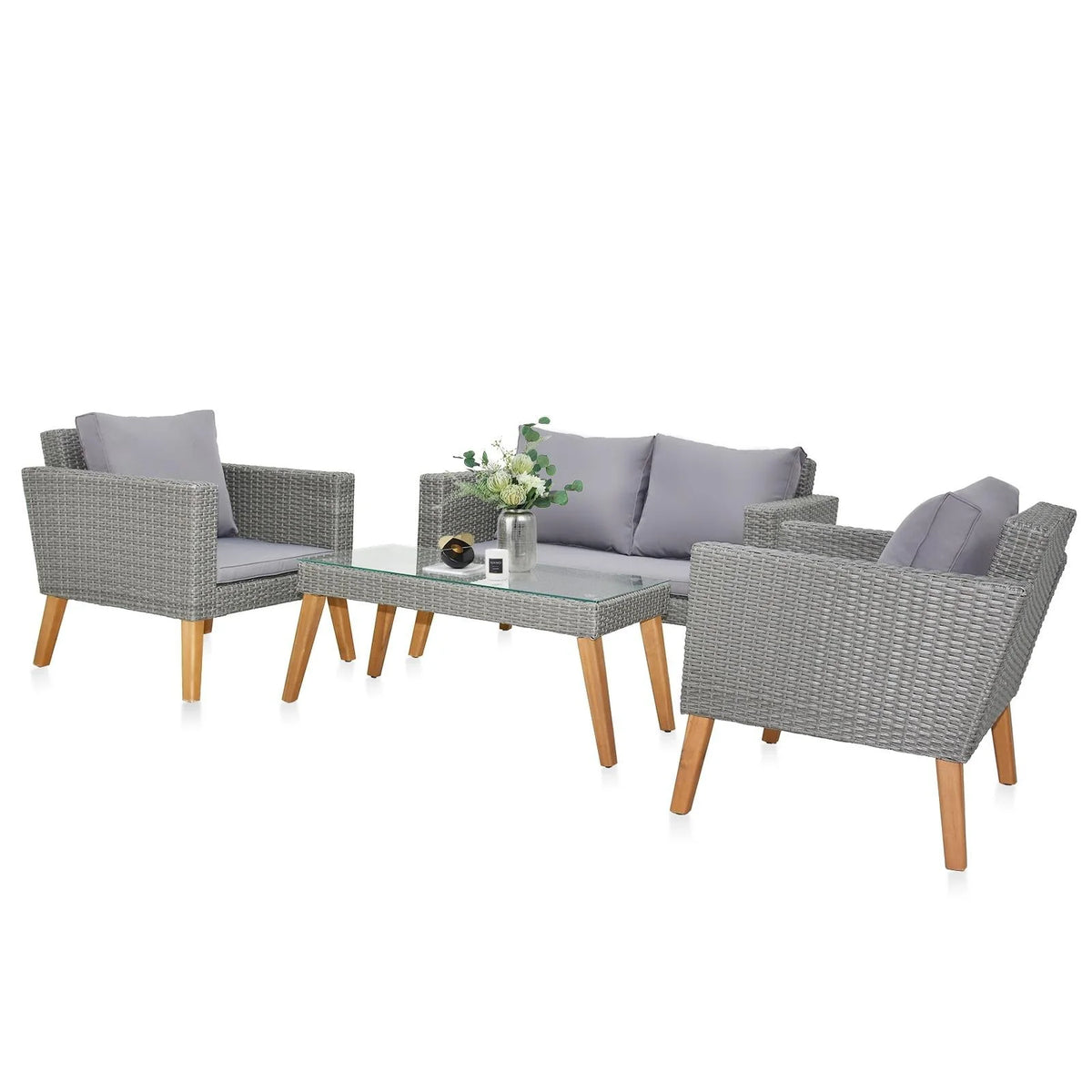4 Pcs Wood Grain Patio Conversation Set with Loveseat and Tea Table J1332