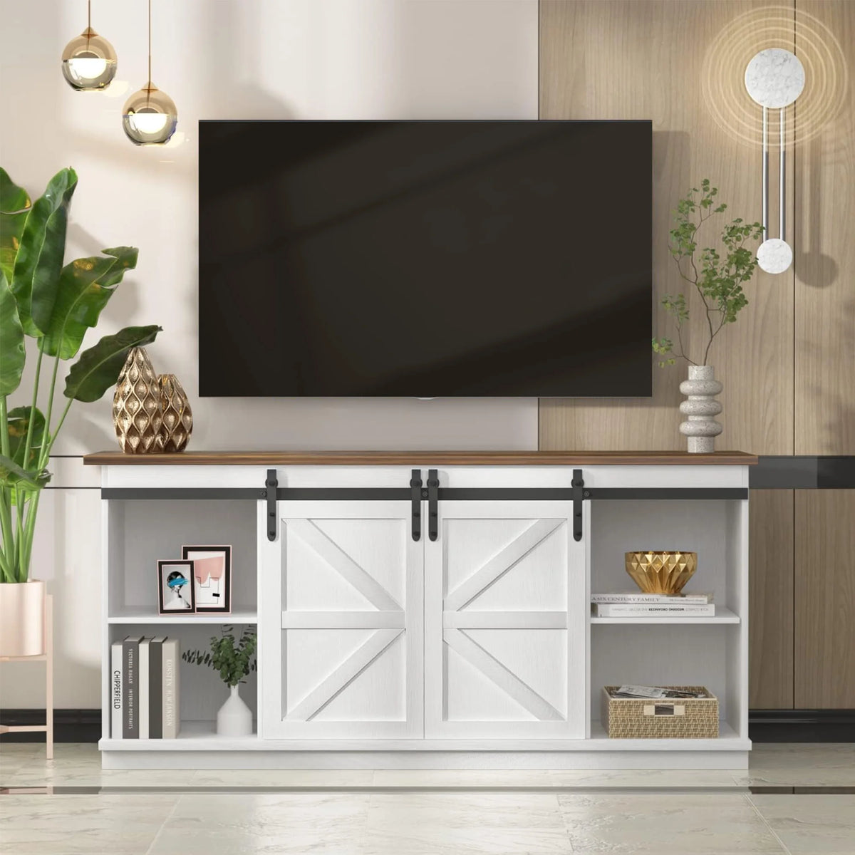 Farmhouse TV Stand with Sliding Barn Door R878410
