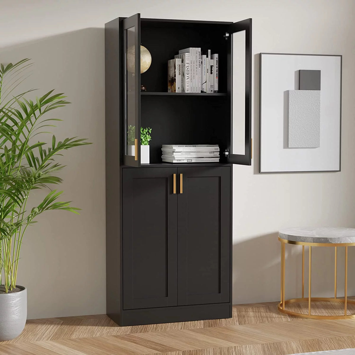 70" Tall Black Display Cabinet with Acrylic Glass Doors and Adjustable Shelves Z427