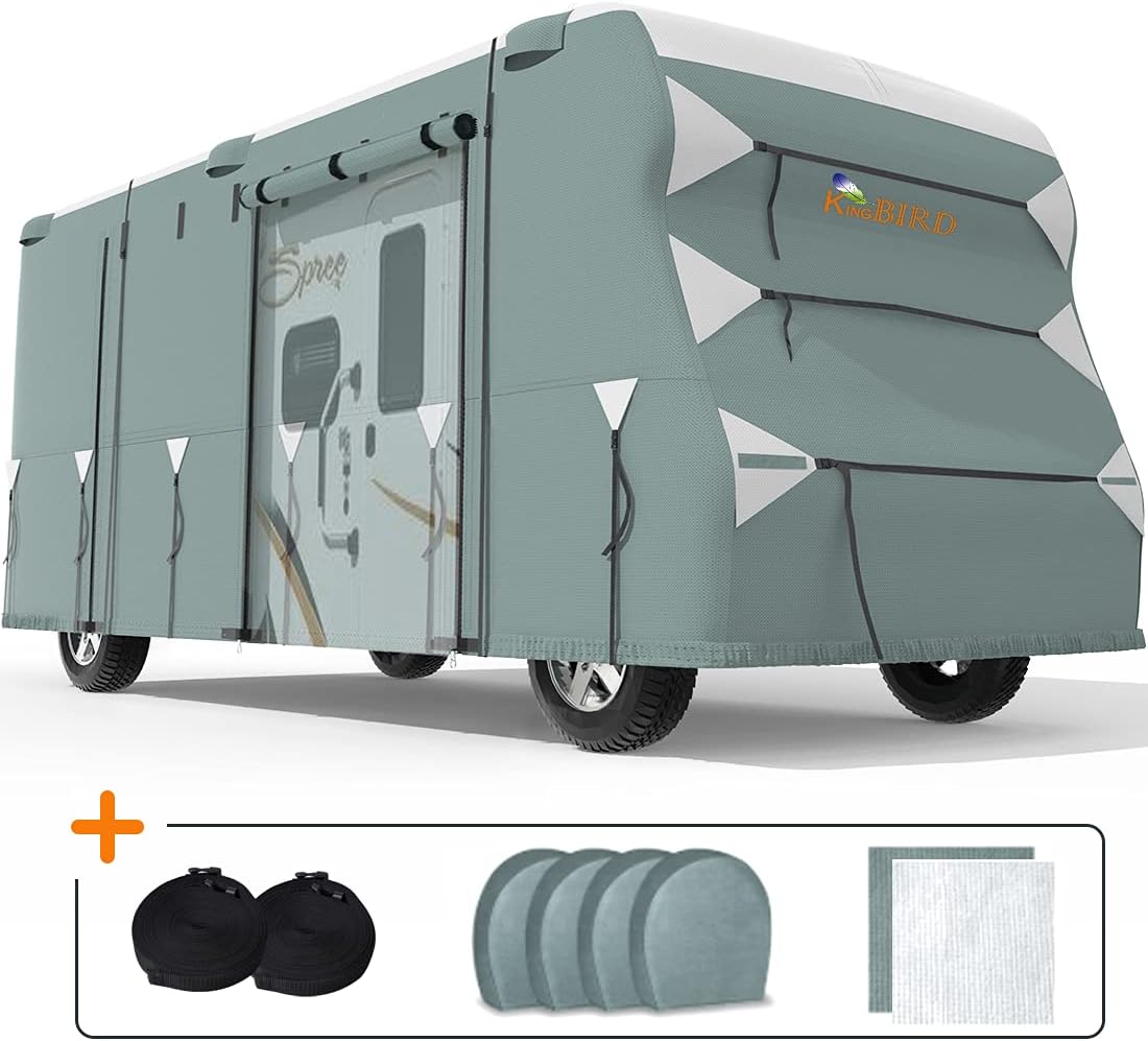 RV Cover, Extra-Thick 5 Layers Anti-UV Top Panel, Fits 26'-29' Motorhome, with 2Pcs Extra Straps & 4 Tire Covers X952