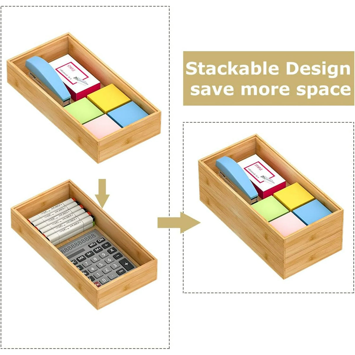 Bamboo Wood Stackable Silverware Tray Utensil Drawer Organizer J8305