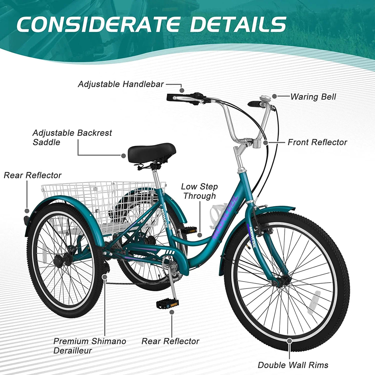 20/24/26 inch 7 Speed Adult Tricycles with Big Basket W809