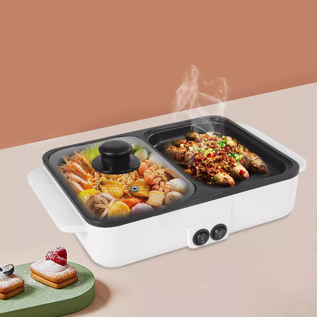 White 2 in 1 Non-Stick Electric Hot Pot with Grill R259835
