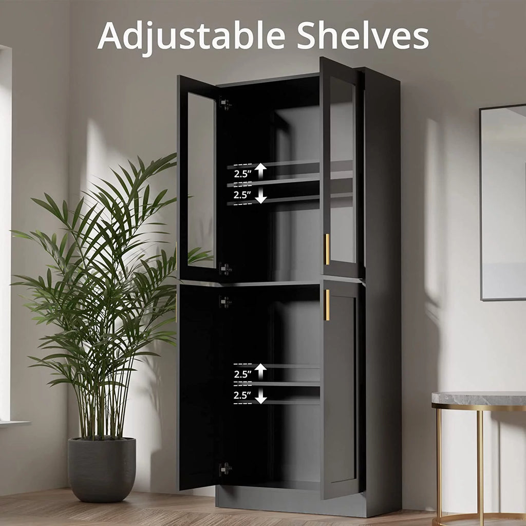 70" Tall Black Display Cabinet with Acrylic Glass Doors and Adjustable Shelves Z427