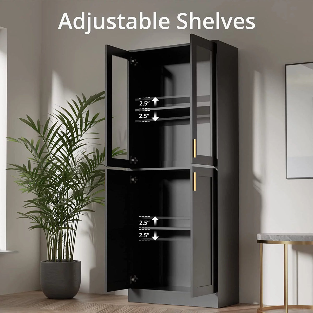 70" Tall Black Display Cabinet with Acrylic Glass Doors and Adjustable Shelves Z427