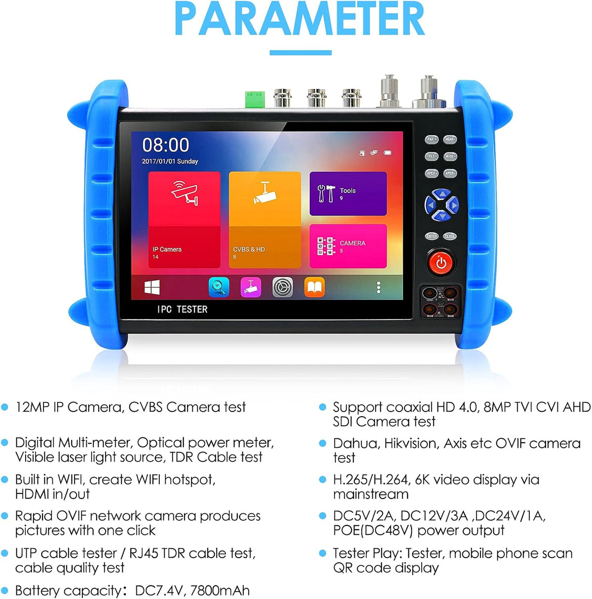 7-inch IPS Touch Screen CCTV Camera Tester with HD-TVI HD-CVI AHD SDI IP Camera Support POE WiFi 4K H.265 HDMI G51579