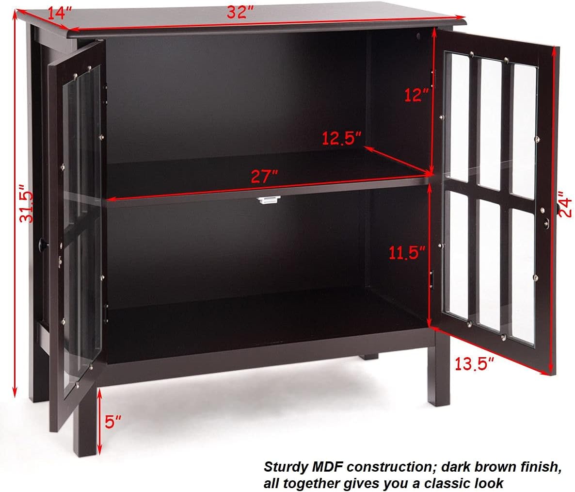 Dark Brown Storage Cabinet Organizer Buffet Server Sideboard Console Bedside Table 2 Tempered Glass Door 2 Storage Shelves W35519