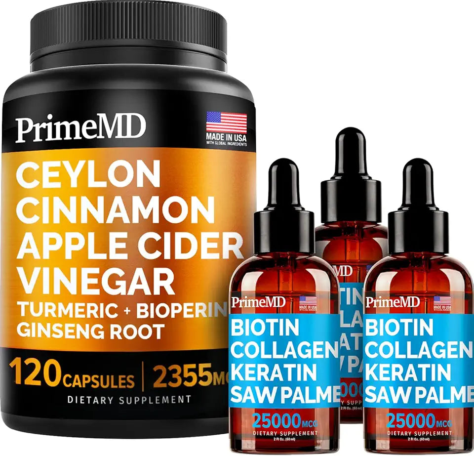4-in-1 Liquid Biotin Collagen Keratin Saw Palmetto Drops & 5-in-1 Ceylon Cinnamon Turmeric Ginseng Bundle Y3634
