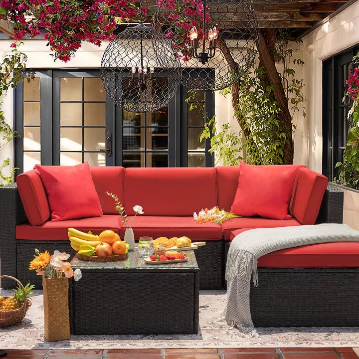 5 Pieces PE Rattan Wicker Patio Sectional Set with Table O71780