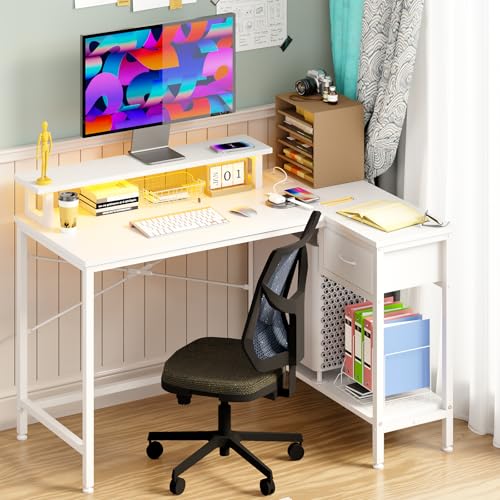 Rustic Brown L Shaped Computer Desk with Power Outlets and LED Lights and Drawer S860