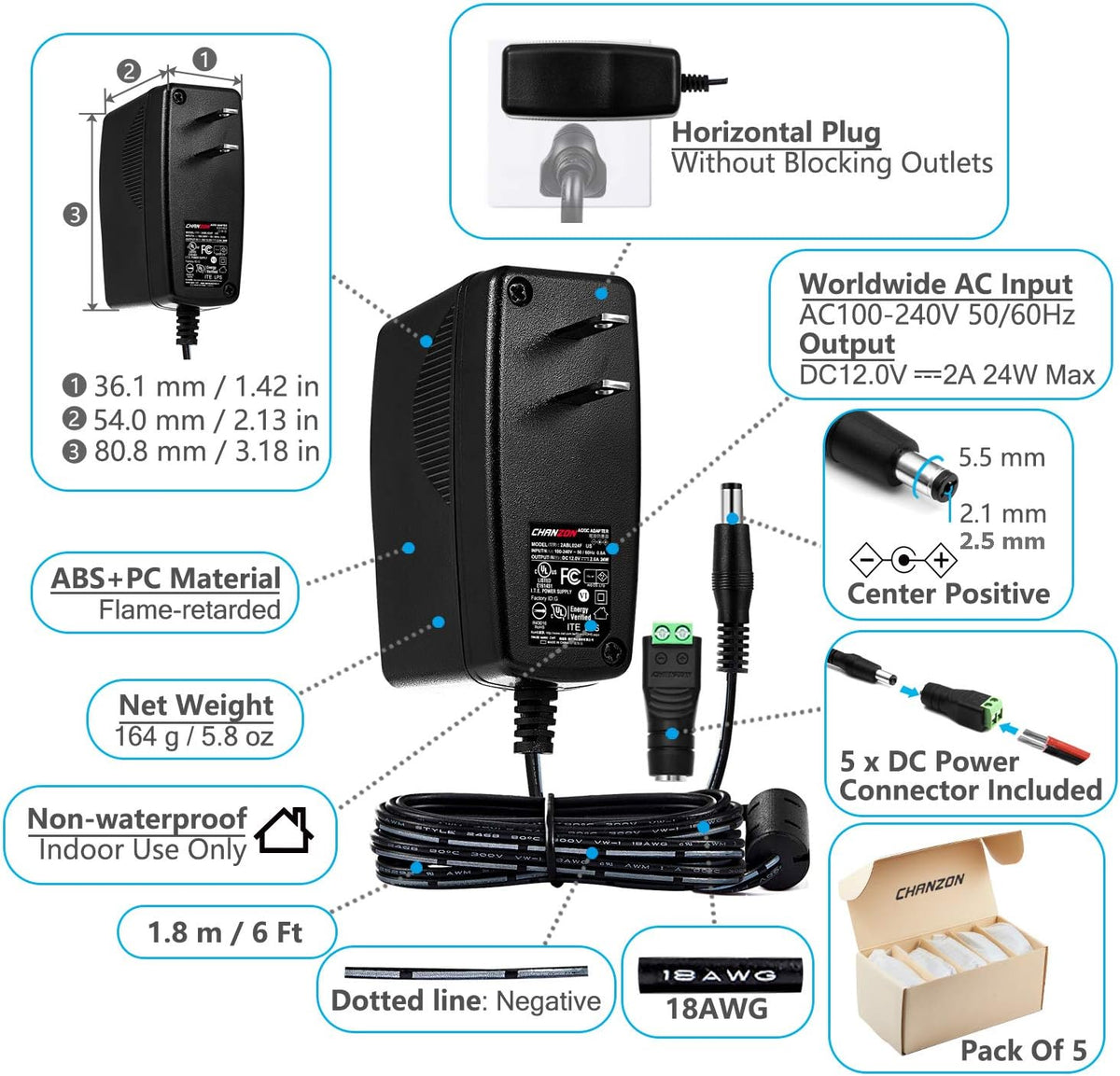 12V 2A 24W AC DC Switching Power Supply Adapter 5-Pack S154190