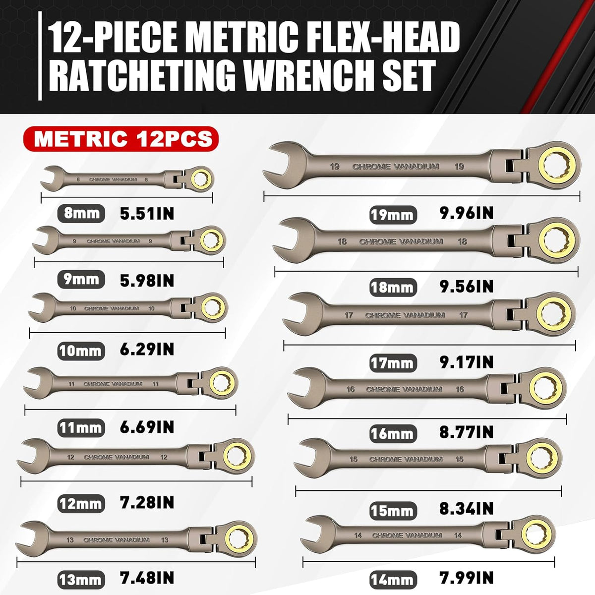 12-Piece 180° Metric Flex-Head Ratcheting Wrench Set W84040