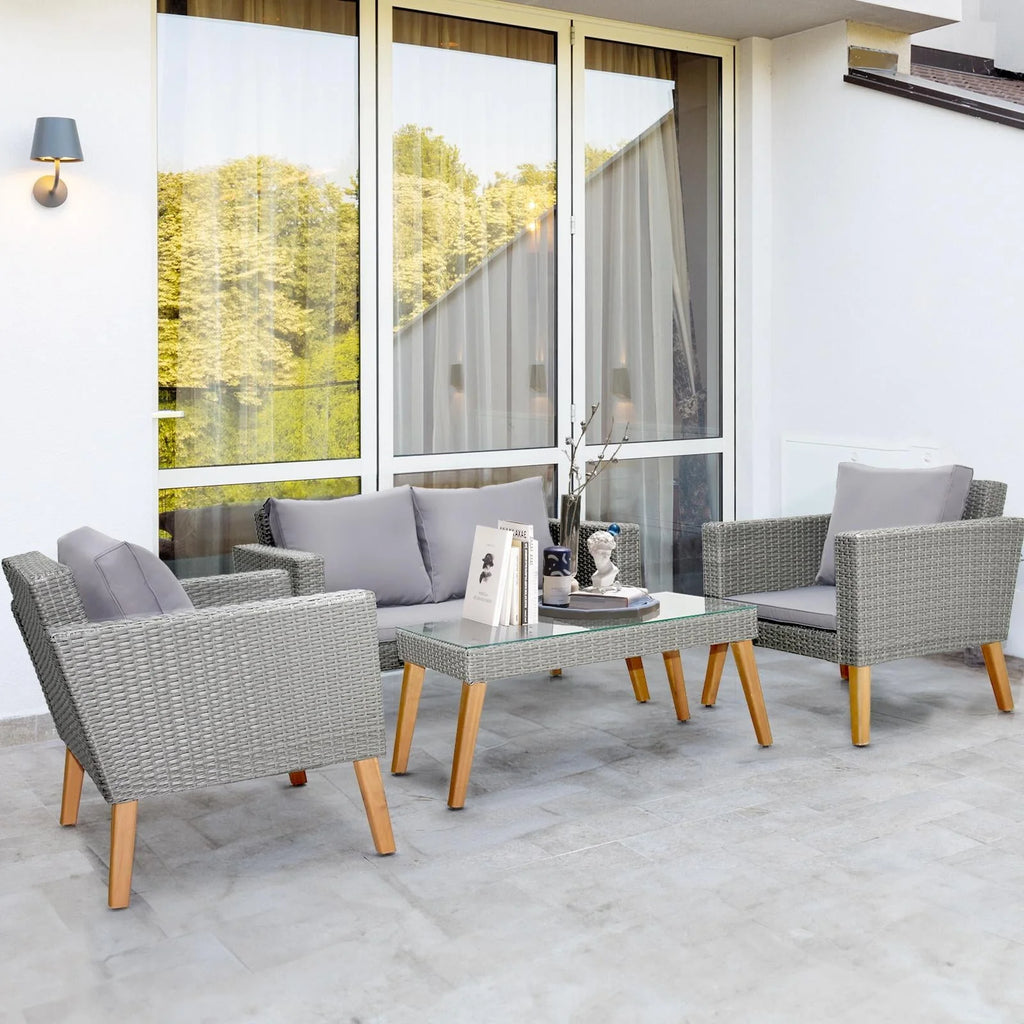 4 Pcs Wood Grain Patio Conversation Set with Loveseat and Tea Table J1332