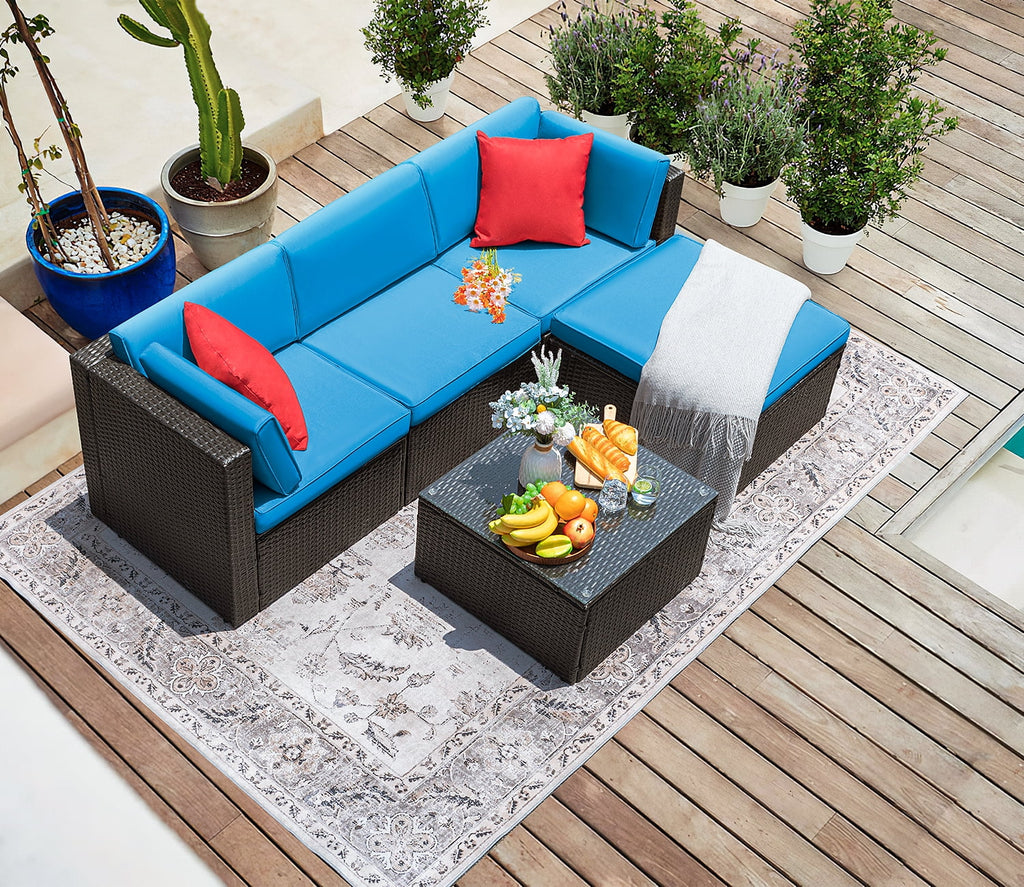 5 Pieces PE Rattan Wicker Patio Sectional Set with Table O71780