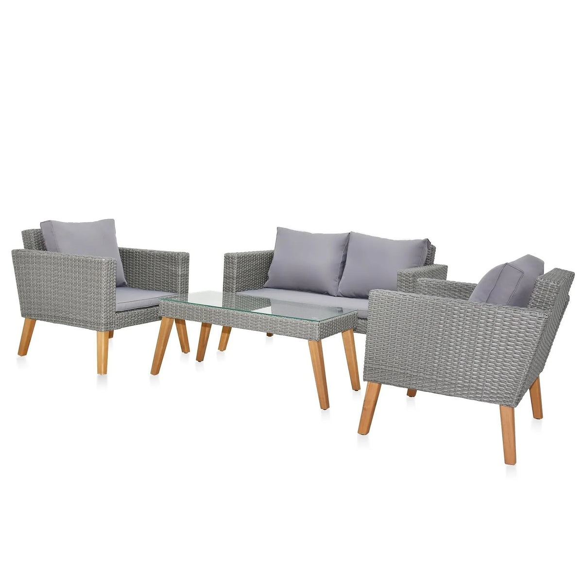 4 Pcs Wood Grain Patio Conversation Set with Loveseat and Tea Table J1332