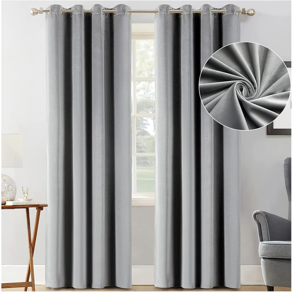 Grey Velvet Blackout Curtains 108 Inches Length 3-Layer Thermal Insulated Grommet Drape 2 Panels Z33676