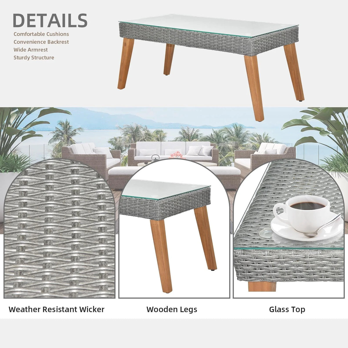 4 Pcs Wood Grain Patio Conversation Set with Loveseat and Tea Table J1332