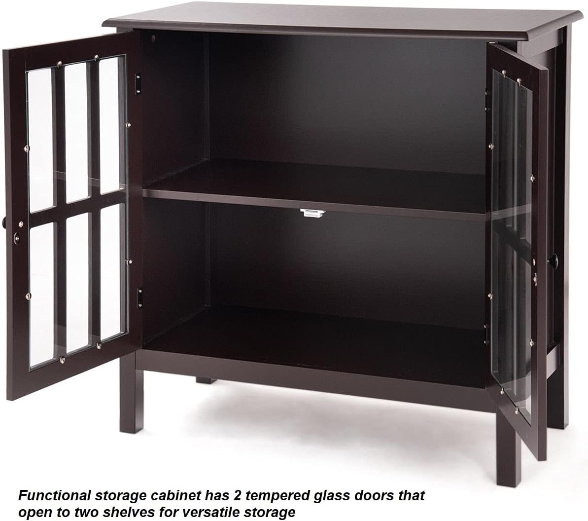 Dark Brown Storage Cabinet Organizer Buffet Server Sideboard Console Bedside Table 2 Tempered Glass Door 2 Storage Shelves W35519