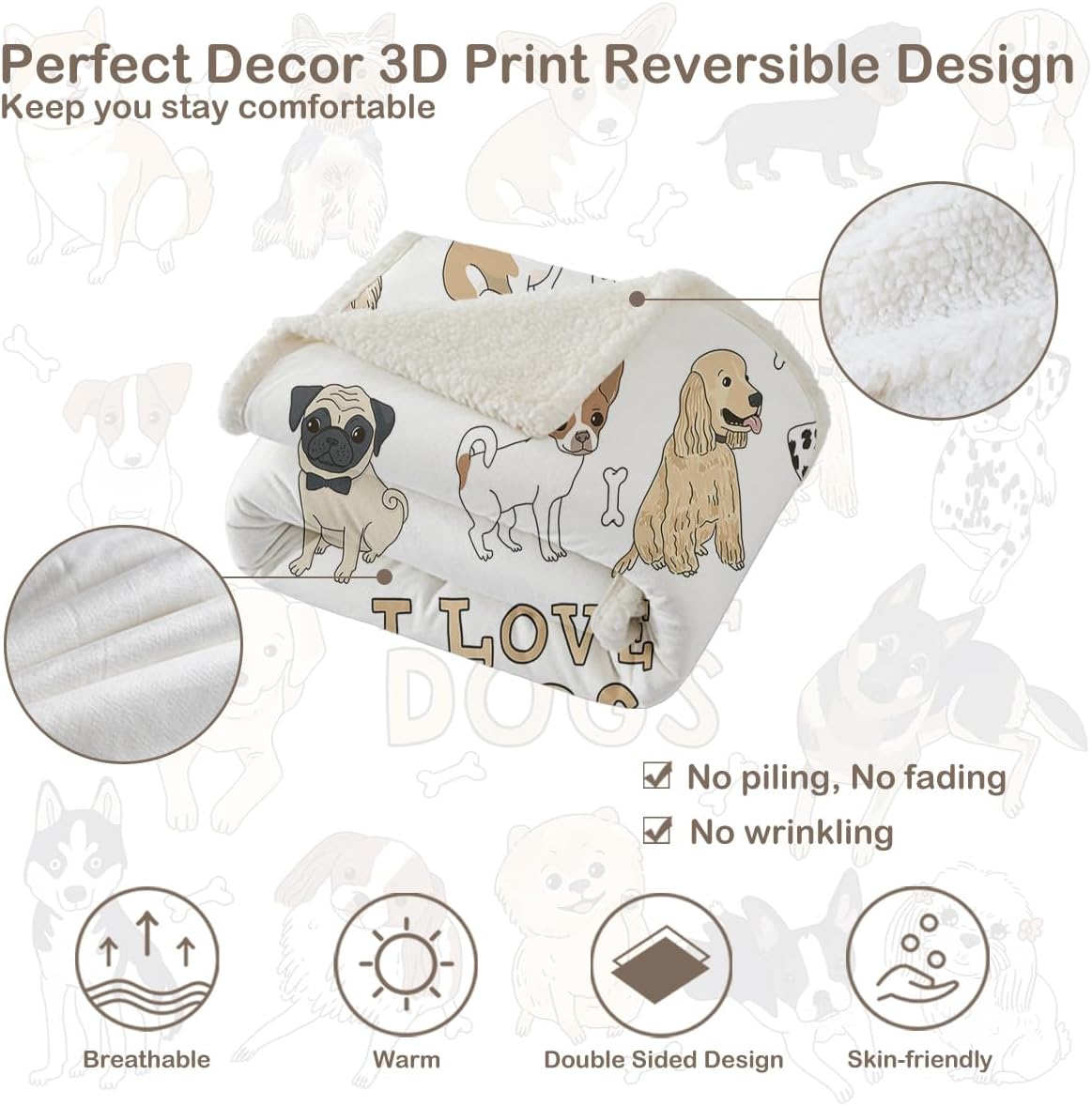 Puppy Print Sherpa Fleece Throw Blanket, Twin (60"X80") Q1318