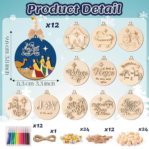 12 Styles Unfinished Wooden Christmas Ornaments Kit with Paint Pens G565989