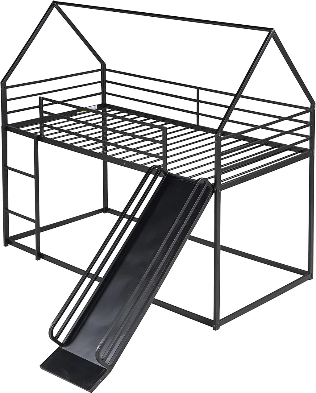 Black Metal Frame Floor Bunk Bed with Slide and Built-In Ladder Y6282