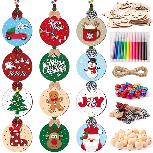 12 Styles Unfinished Wooden Christmas Ornaments Kit with Paint Pens G565989