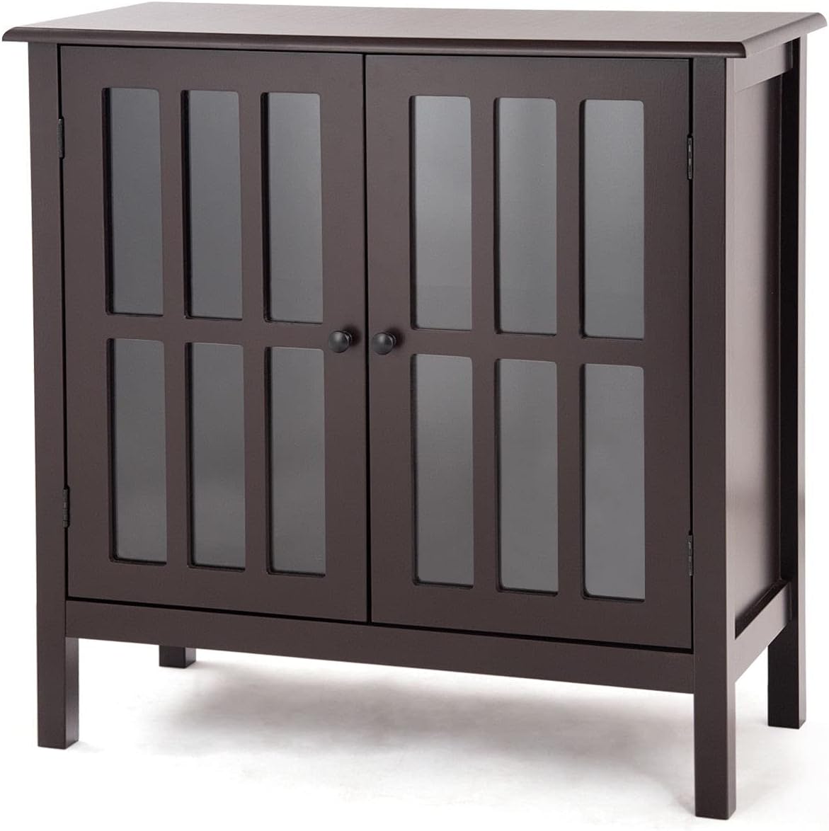 Dark Brown Storage Cabinet Organizer Buffet Server Sideboard Console Bedside Table 2 Tempered Glass Door 2 Storage Shelves W35519