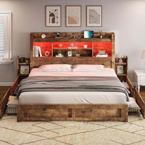 Full Size Wood Bed Frame with 4 Storage Drawers and Bookcase Headboard J187