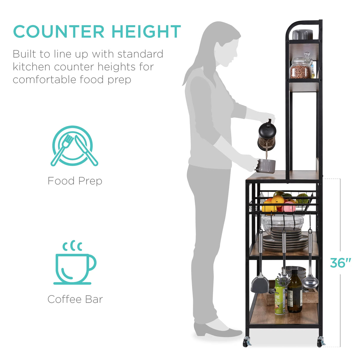 Brown Black Counter-Height Baker's Rack with Locking Wheels K61810