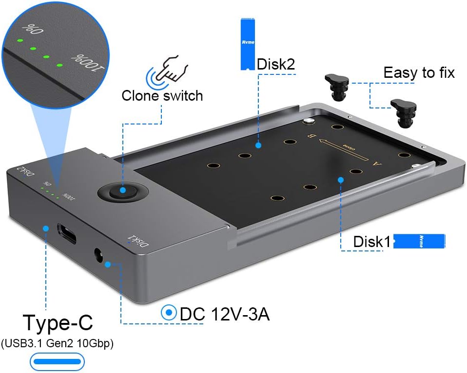 USB C 10Gbps Dual-Bay M.2 NVME SSD Enclosure with Offline Clone T268